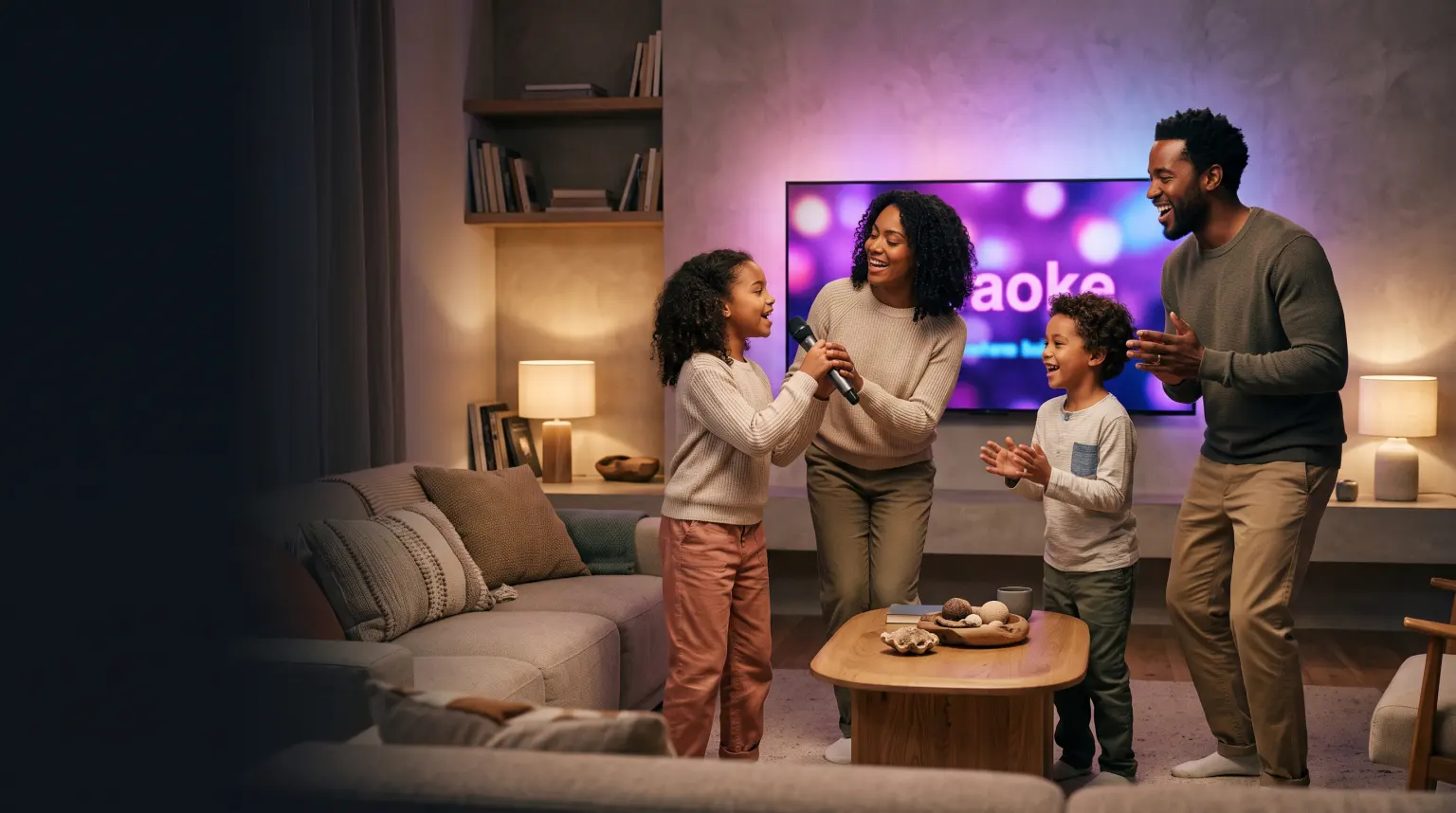 A family singing karaoke together in their living room