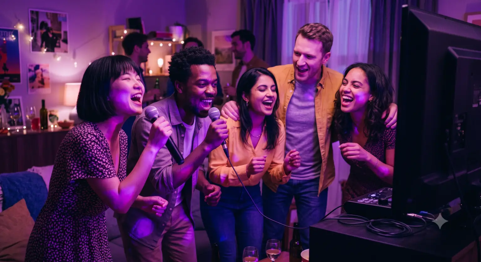 Friends singing karaoke together